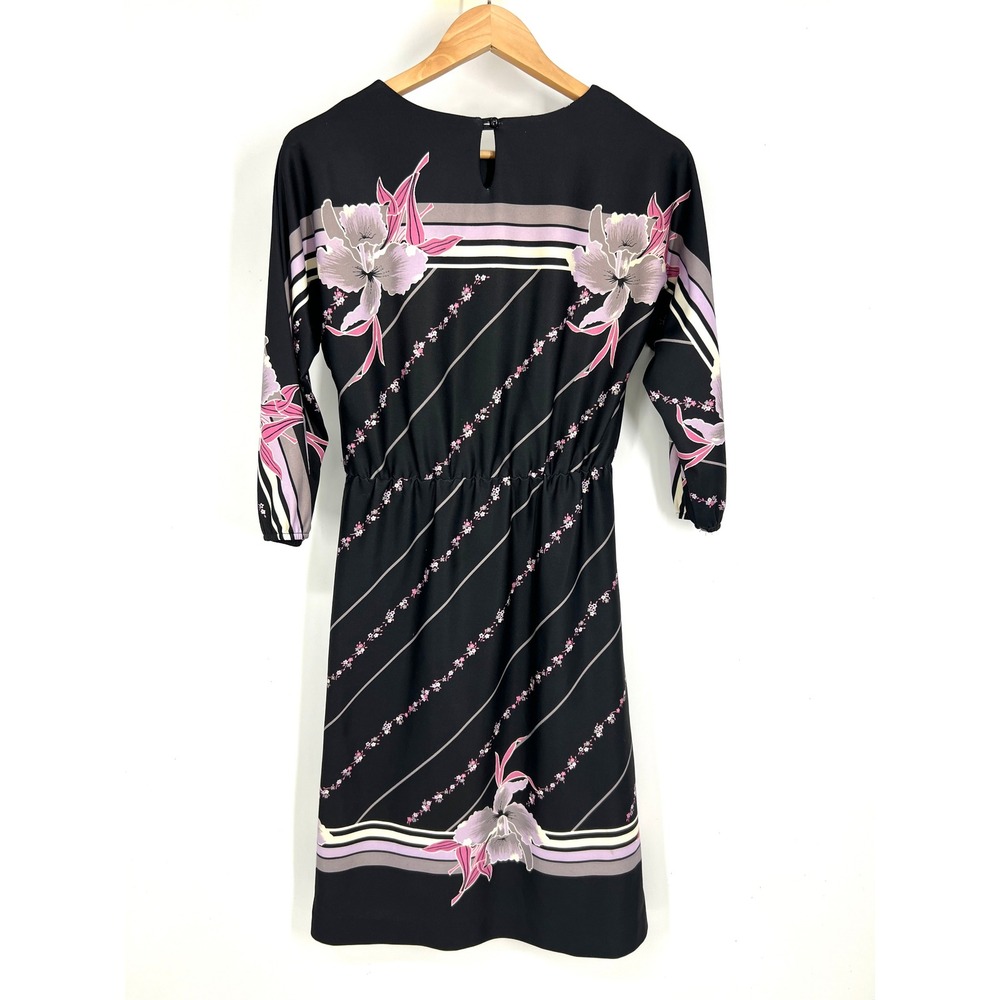Vintage Avon Fashions Black Floral Midi Dress 7/8 Pink Purple Stripe 8498 - Picture 2 of 10